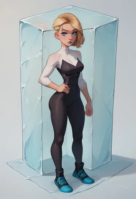 great detail, focus on girl, (full body shot), best quality, masterpiece,
1girl, blonde hair,undercut,blue eyes, gwen stacy,
, score_9, score_8_up, score_7_up,
stuck inside ice cube, verybadimagenegative_v1.3, easynegative
