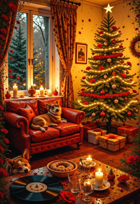 (Masterpiece, best quality, well lit, highly detailed) Christmas, Christmas party, Christmas tree, cozy, warm lighting, christmas living room, indoors, with a sleeping corgi,
