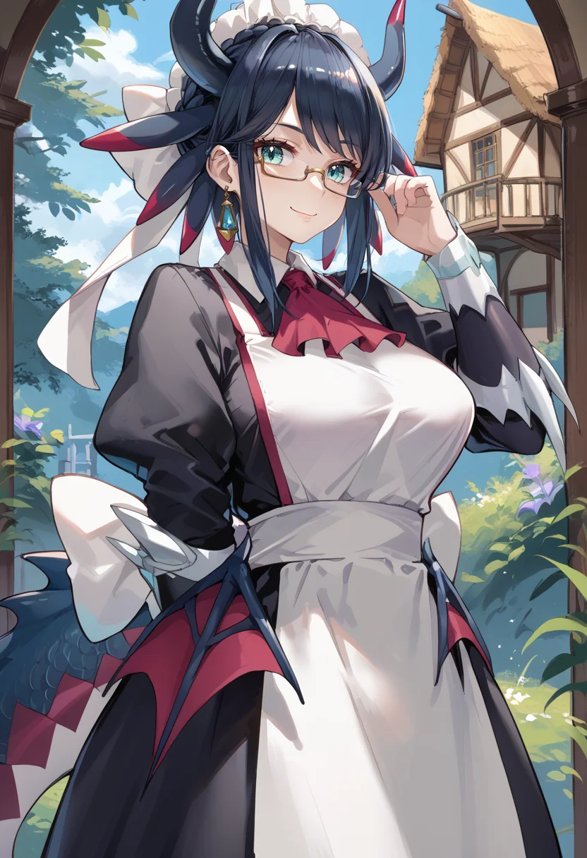 (score_9:0.9),score_8_up,score_7_up,rating_safe,anime style,(zPDXL),<lora:House Dragonmaid ponyXL v1:0.76>,house dragonmaid,1girl,glasses,solo,red ascot,maid dress,large breasts,smile,looking at viewer,adjusting eyewear,maid headdress,mob cap,cowboy shot,indoor,closed mouth,low dragon wings,silver fingerless gloves,