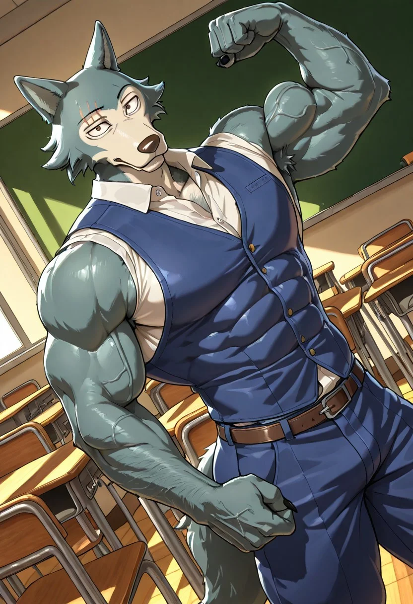 perfect anatomy, masterpiece, high quality, best quality, solo, male focus, western, detailed face, detailed body, masculine, Legoshi, anthro, wolf, beastars, scar on right brow, animal ears, Athletic build, muscle body, muscle biceps, muscle chest, big muscle pecs, abs, sexy abs, six pack abs,grayish blue fur, black claws, large brown eyes, (looking at viewer: 1.8), smug expression, school uniform, blue vest, blue pants ,, hairy, body hair, broad shoulders, thick thighs, long wolf tail, detailed background. (dinamic angle: 1.8), classroom, desk, chair, muscle veins, flexing muscles, sexy pose
