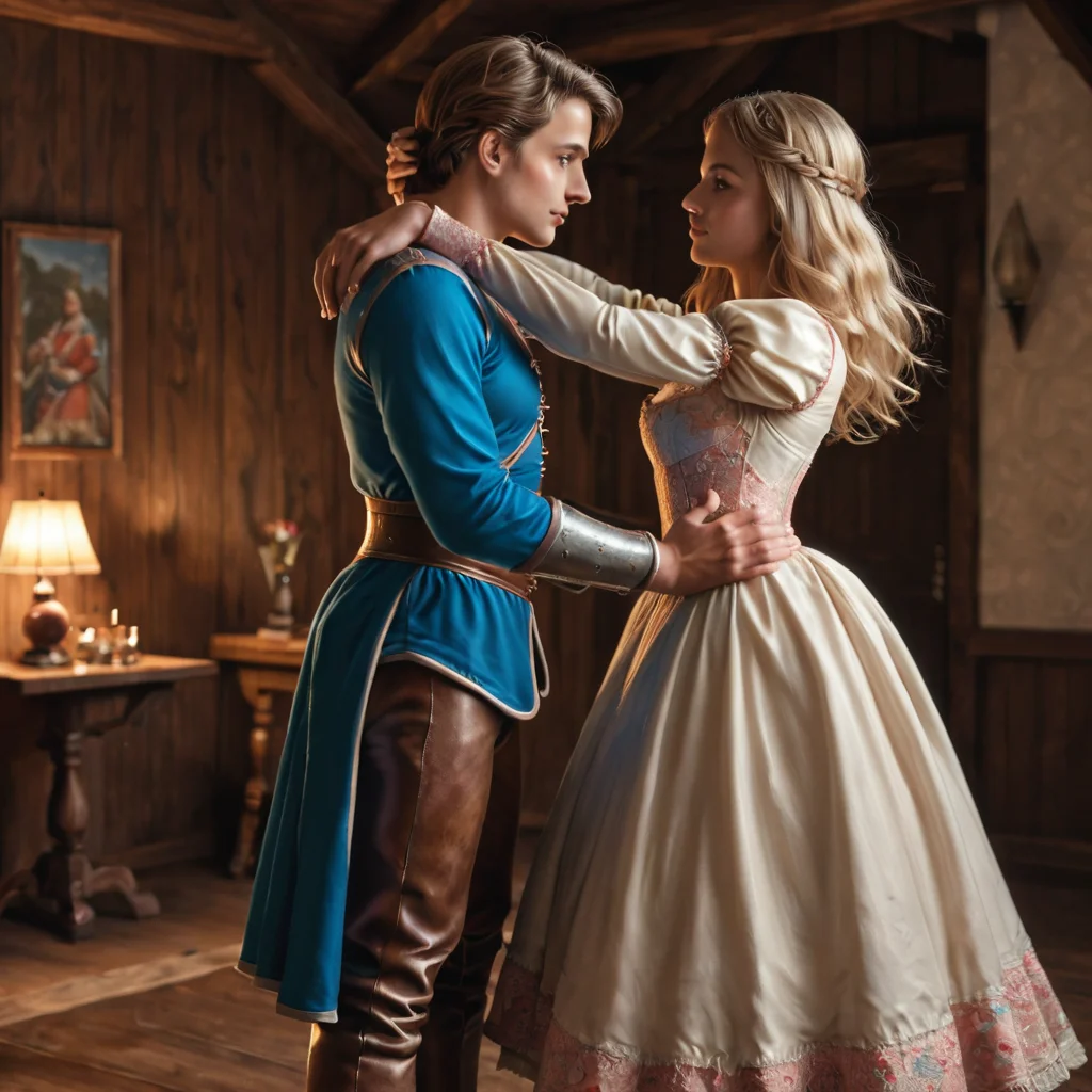 ball room, couple in realistic medieval ball cloths, dancing, romantic, detailed background, detailed clothes, detailed faces, beautiful blonde woman in medieval dress, blouse, thin waist, brown eyes, strong man in uniform, blue eyes <lora:Alien Style:1.02>