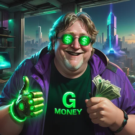 Cyberpunk Gabe Newell, bright green text on shirt says, "G Money", laughing, steam summer sale, hacker, Gaben has all your money, glowing green dollar sign for eyes, greed, holding money in his hand, futuristic, sci-fi, glowing green mechanical glove, cityscape, rooftop, luxury suite, thumbs up, cyberpunk, cyberpunk art, perfect light,