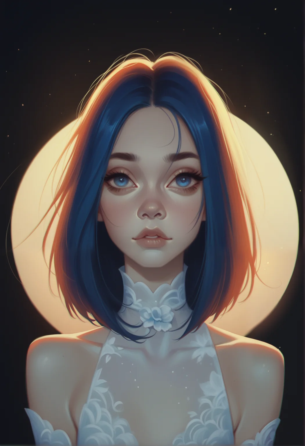 score_9, score_8_up, score_7_up, score_6_up, 1girl, portrait, petite, 25yo, perfect nose, skinny, snub nose, thin almond eyes, bright blue eyes, long straight hair, puffy upper lip, small lower lip, bare shoulders, looking at viewer, dramatic light, spotlight, night, (front view:1.1)