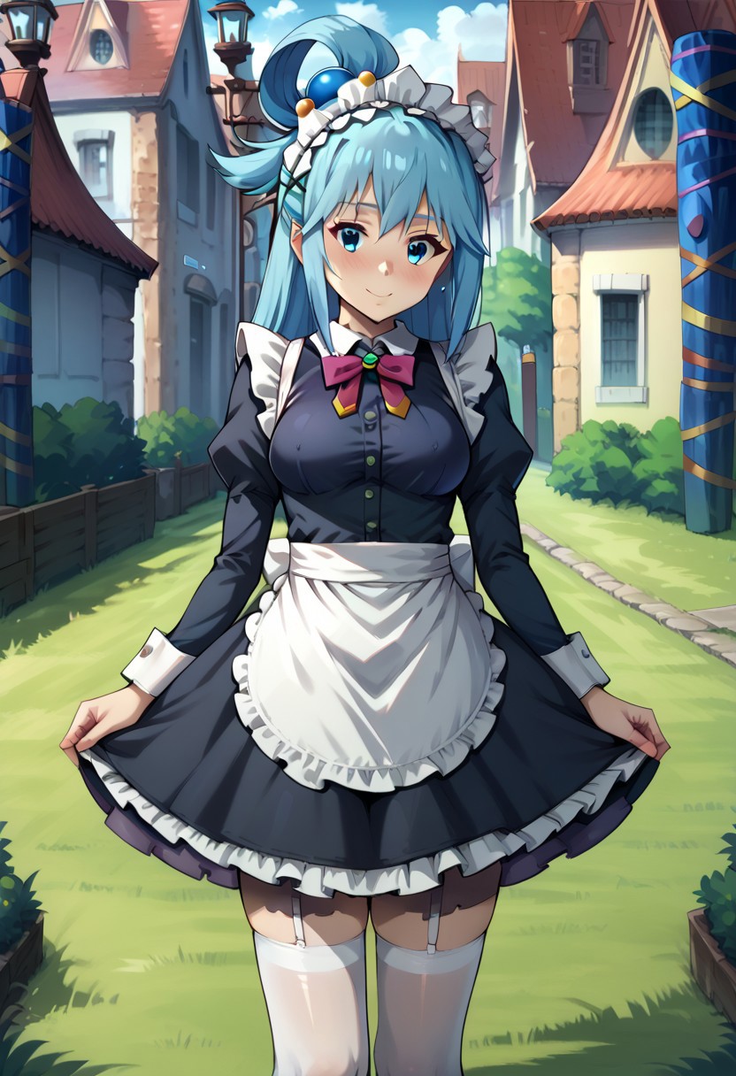 score 9, score 8 up, score 7 up, konosuba, aqua /(konosuba/), 1girl, solo, thighhighs, maid, long hair, blue eyes, blue hair, maid headdress, breasts, long sleeves, looking at viewer, apron, ears,white thighhighs, outdoors, smile, hair ornament, bow, hair rings, dress, blush, puffy sleeves, bangs, zettai ryouiki, frills, grass, bowtie, juliet sleeves, maid apron, alternate costume, closed mouth