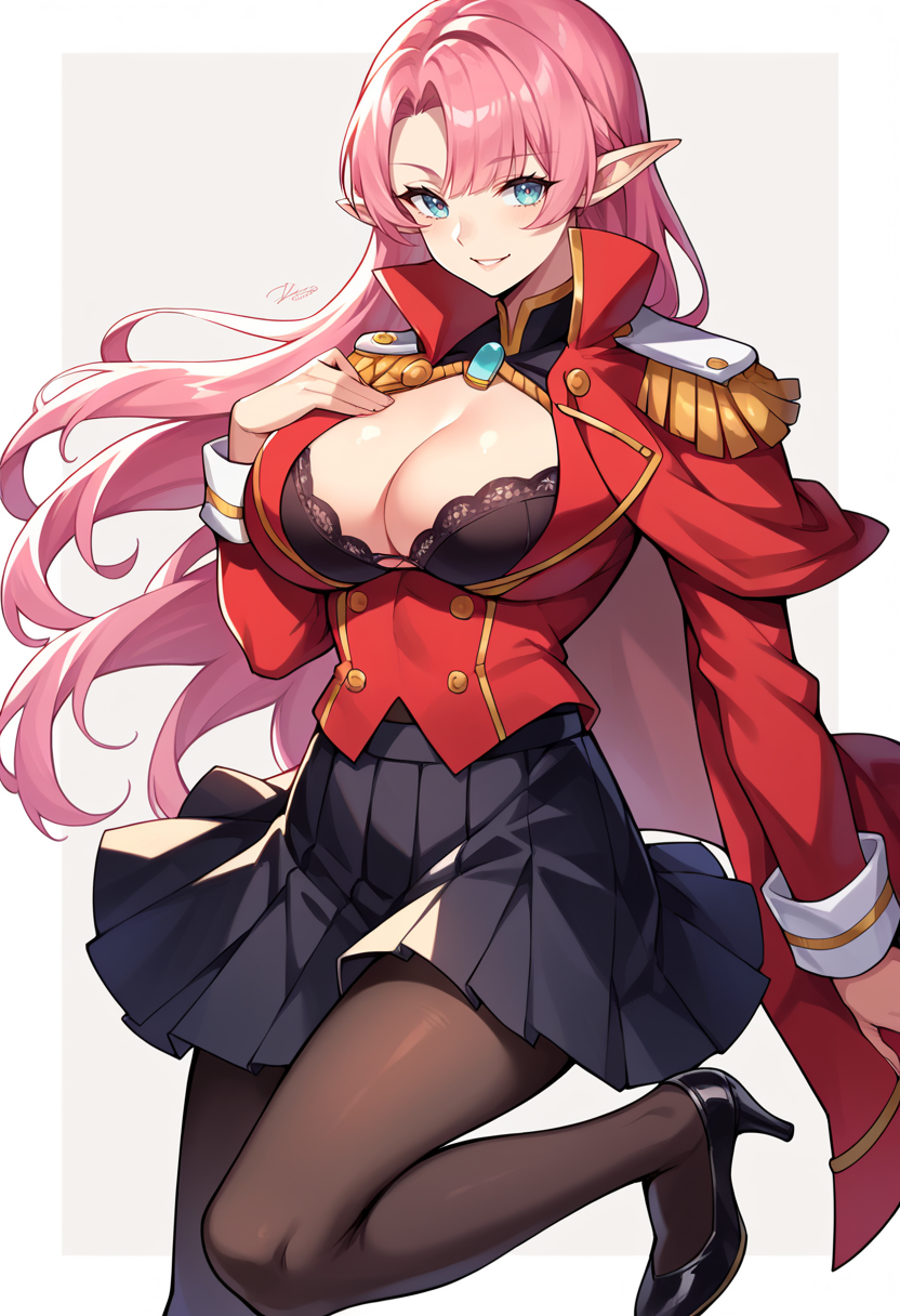 score_9, score_8_up, score_7_up, MLDYork, black bra, cleavage cutout, epaulettes, (large breasts), long hair, long sleeves, pantyhose, pink hair, pleated skirt, pointy ears, uniform jacket, red jacket, high heels,  <lora:DOY-Pdxl-Lora-4:0.8>, black skirt, smile, bra peek, rope, mandarin collar, black footwear