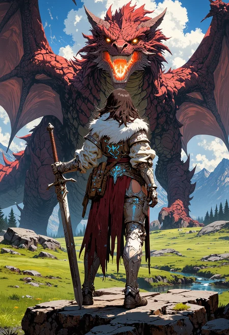 Cowboy shot. Image is a digital fantasy artwork featuring the back of a beautiful female character looking at a winged dragon with a fantastical greatsword in her hand ready to defend the kingdom. She has tan skin with long brunette hair with highlights. She's wearing an battle damaged corset armor with a white fur collar and matching long gloves and thigh-highs, both adorned with glowing blue patterns. She standing in front of a winged dragon breathing flames out of its mouth. The background is of a grassy field, moutains, forest, river, rocky plain, mythp0rt,