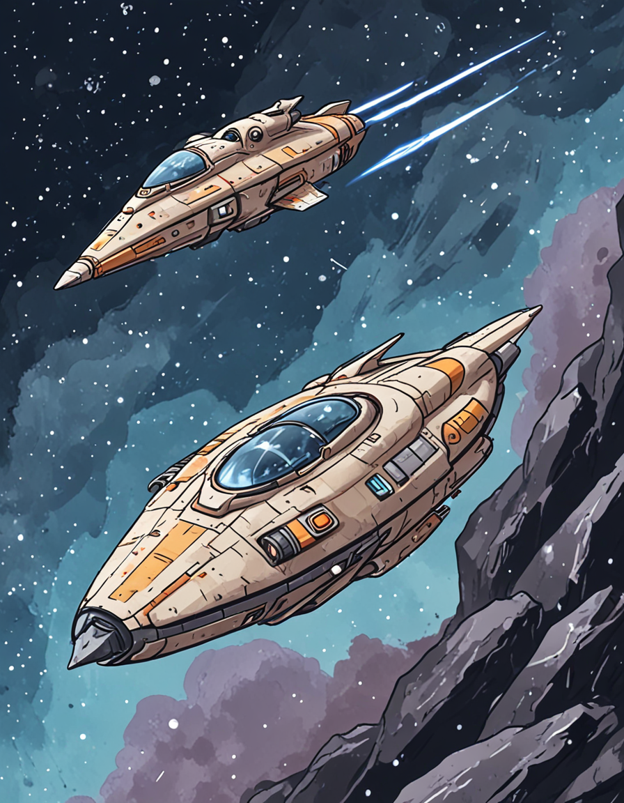 novuschroma57 style cartoon investigating an abandoned spaceship drifting through space  <lora:sdxl_lightning_8step_lora:1>  <lora:novuschroma57 style_detail:1>