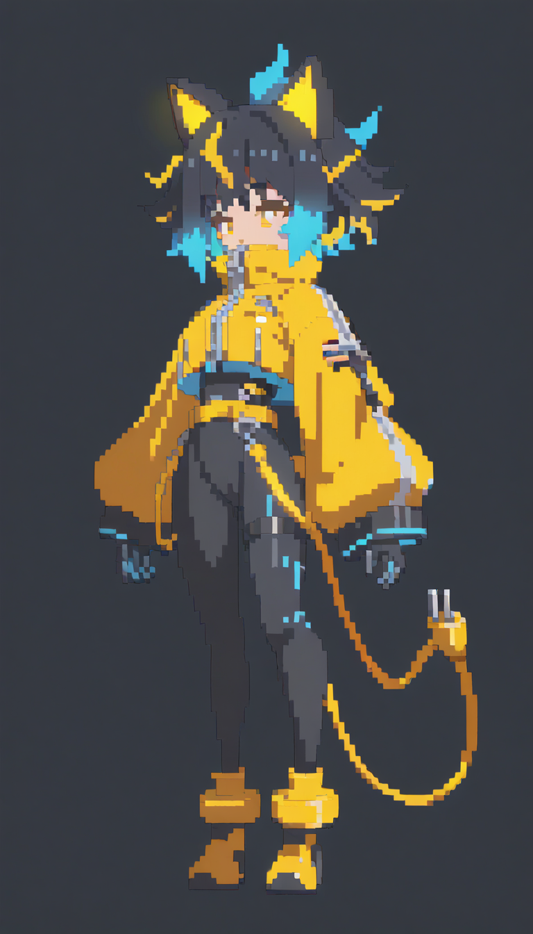 electrocat, 1girl, 
black hair, short hair, messy hair, yellow highlights, blue highlights, 
cat ears, cyber ears, glowing accents, yellow eyes, heterochromatic hair accents, electric motif,
yellow jacket, oversized sleeves, cropped jacket, zipper, futuristic jacket, 
black bodysuit, skin-tight, high-waist belt, utility straps, harness,
futuristic boots, yellow boots, black and yellow shoes, ankle cuffs,
electric plug tail, cable tail, plug accessory,
electric cable tail, power plug, ^^^, full body, standing, detailed face, simple background, detailed, perfect, perfection, score_9, score_8_up, score_7_up, score_6_up, score_5_up,