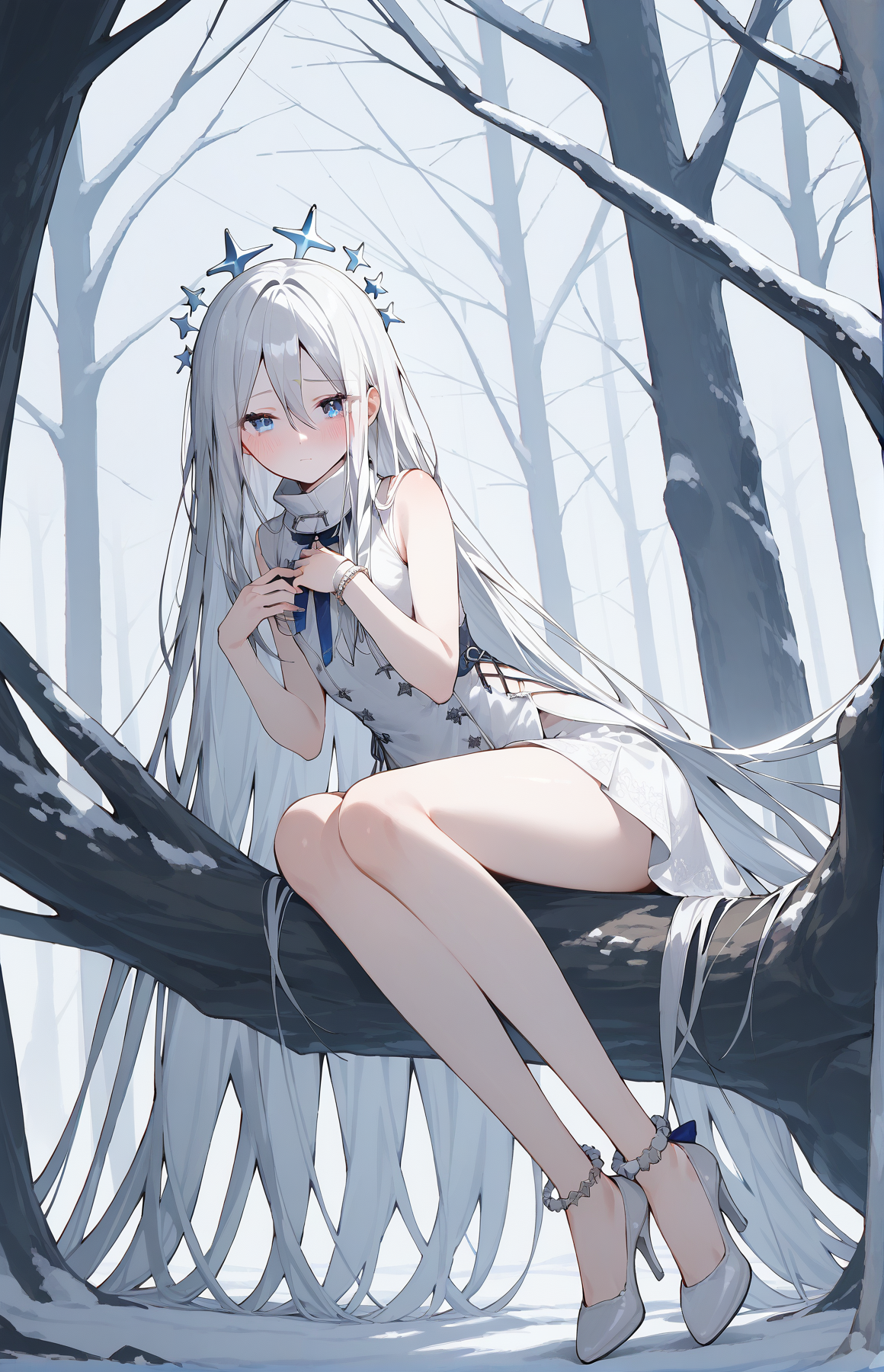 score_9,score_8_up,score_7_up,high quality,highres,1girl,light_blush,
<lora:Kanade-Pony-V2-10:0.9>,
kanade,long hair,straight hair,blue eyes,white hair,hair between eyes,sidelocks,pale skin,white skin,
kanade-fes,sleeveless dress,white dress,high collar,high heels,white footwear,anklet,star halo,
simple background,sad,looking at viewer,hand on own chest,full body,forest,snow,yokozuwari,bent over,sitting in tree,bare tree,