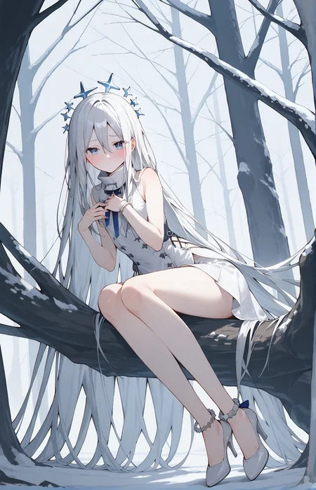 score_9,score_8_up,score_7_up,high quality,highres,1girl,light_blush,
<lora:Kanade-Pony-V2-10:0.9>,
kanade,long hair,straight hair,blue eyes,white hair,hair between eyes,sidelocks,pale skin,white skin,
kanade-fes,sleeveless dress,white dress,high collar,high heels,white footwear,anklet,star halo,
simple background,sad,looking at viewer,hand on own chest,full body,forest,snow,yokozuwari,bent over,sitting in tree,bare tree,