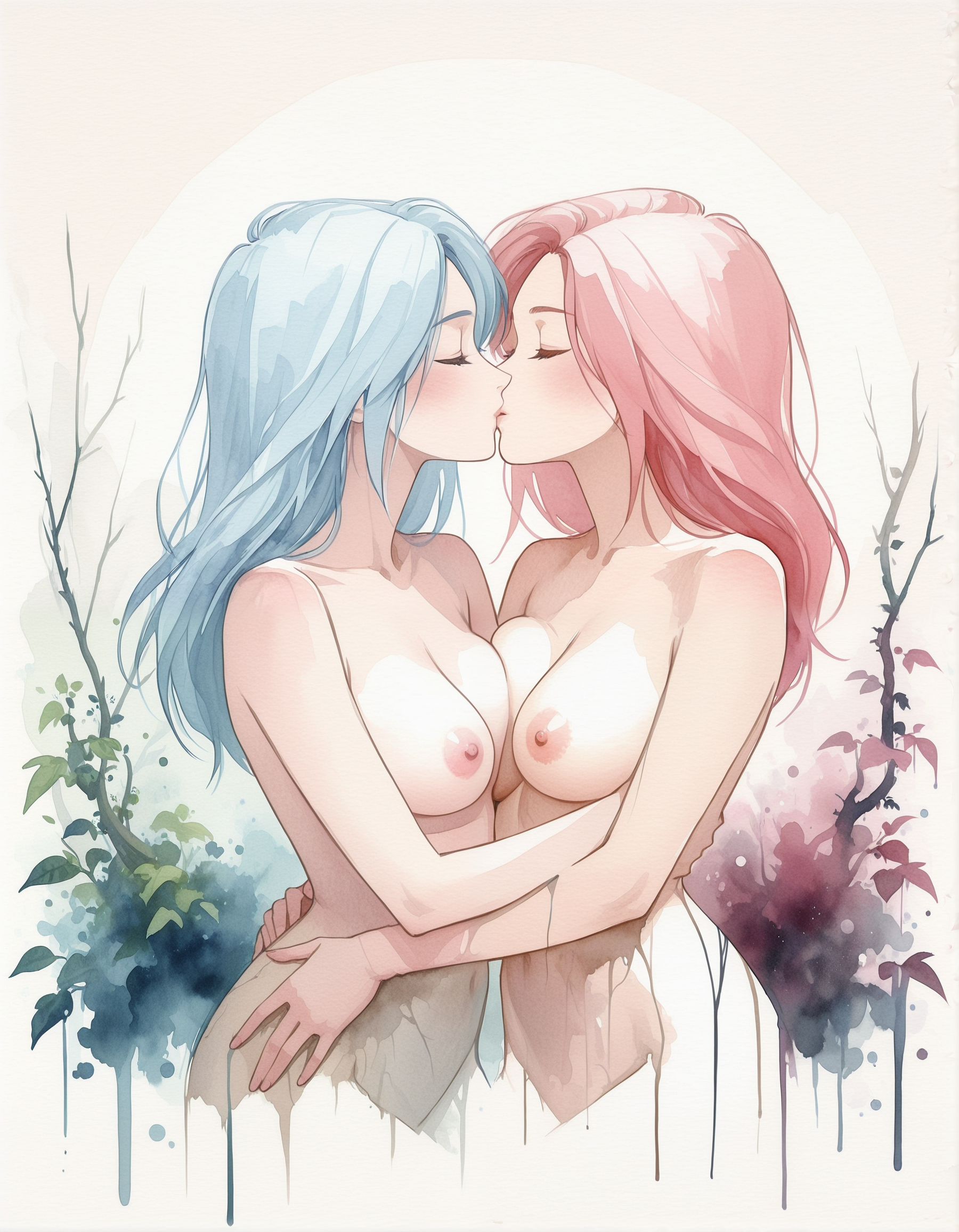water color painting, 2girls, light blue hair + pink hair, kiss, hug, beautiful face, round breasts, pink nipples, nude, covered in roots and ivy, simple beige canvas, rough surface