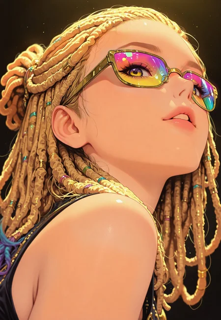 masterpiece, best quality, good quality, very aesthetic, absurdres, newest, 8K, depth of field, focused subject,
 close up, stylized, in gold and neon shades, wabi sabi, 1girl, rainbow,  looking at viewer, dynamic angle, from below, from side, relaxing, blonde dreadlocks,
parted lips,
