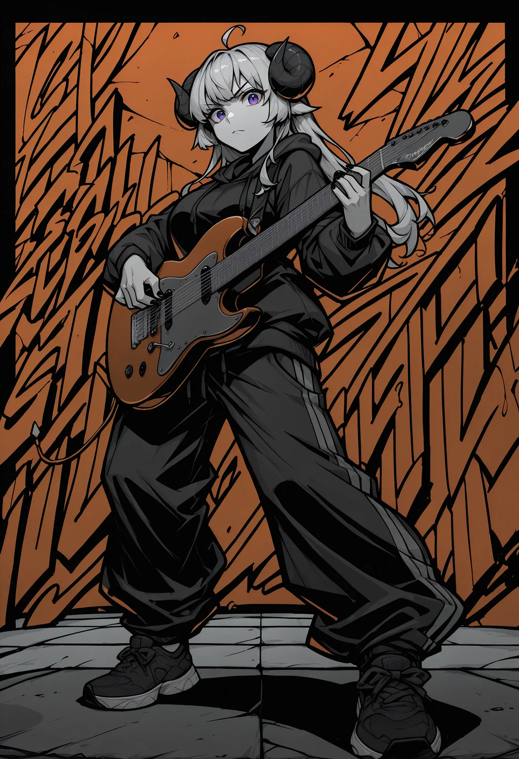 masterpiece, best quality, monochrome, spot color, limited palette, red theme, abstract background, black background, red background, graffiti, hoodie, sweatpants, holding instrument, electric guitar, looking at viewer, serious, dynamic pose, black nails, full body, sneakers, wide shot, dutch angle <lora:ChamTsunomakiWatameIllustriousXL:1> TsnmkWtm, horns, blonde hair, purple eyes, long hair, ahoge,