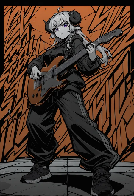 masterpiece, best quality, monochrome, spot color, limited palette, red theme, abstract background, black background, red background, graffiti, hoodie, sweatpants, holding instrument, electric guitar, looking at viewer, serious, dynamic pose, black nails, full body, sneakers, wide shot, dutch angle <lora:ChamTsunomakiWatameIllustriousXL:1> TsnmkWtm, horns, blonde hair, purple eyes, long hair, ahoge,