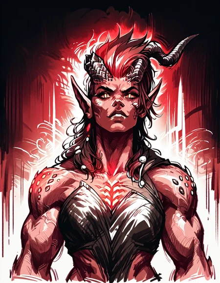 score_9, score_8_up, score_7_up,  <lora:Messy Sketch Style:1>,  <lora:KarlachBG3PDXL_V1-Manityro-adamw:1> KarlachBG3, demon girl, colored skin, slit pupils, muscular, toned, limited pallet, red theme, red neon background, red glow, monochrome, black background
