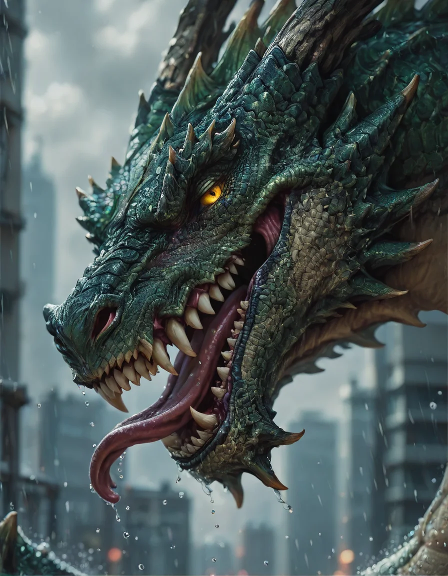 <lora:illustriousXLv01_stabilizer_v1.185c:0.8>dragon head,close-up,green scales,portrait,looking at viewer,sharp teeth,smirk,from side,tongue out,city,water drop,raining,[:masterpiece:0.1],