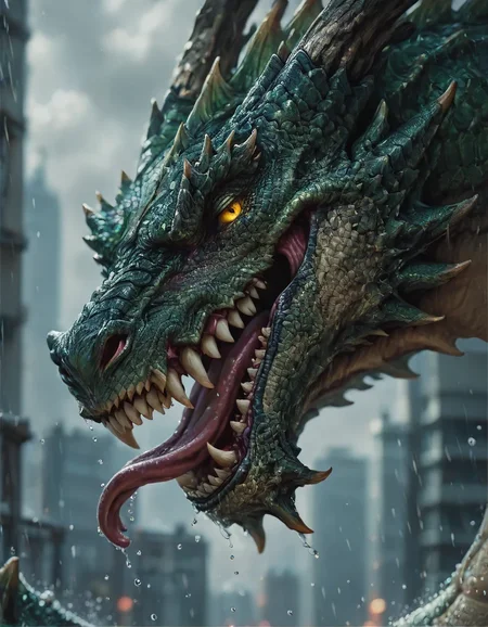<lora:illustriousXLv01_stabilizer_v1.185c:0.8>dragon head,close-up,green scales,portrait,looking at viewer,sharp teeth,smirk,from side,tongue out,city,water drop,raining,[:masterpiece:0.1],