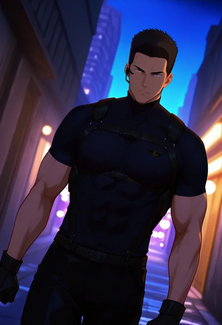 safe_pos, score_9, score_8_up, score_7_up, score_6_up, perfect anatomy, perfect proportions, best quality, masterpiece, high_resolution, high quality, best aesthetic, incredibly absurdres, highres, extremely detailed, huge filesize, solo male, adult, mature, masculine, manly, handsome, charming, alluring, seductive, heroic, serious, grim, stern, unsociability, bluntness, gruffness, upper body, dutch angle, cowboy shot, perfect face, perfect eyes, source_anime, anime coloring, BBBIsami, Isami Ao, brown eyes, sanpaku, BBBIsami_hairstyle01, black hair, short hair, neat hair, bare forehead, BBBIsami_outfit21, agent outfit, black turtle-neck shirt, short sleeves, chest harness, earpiece, black gloves, black pants, black boots, cinematic still, emotional, harmonious, vignette, bokeh, cinemascope, moody, epic, gorgeous, outdoor, night, dark, city, alley, fighting-stance