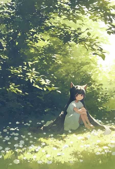 1girl,
solo, long hair, dress, white dress, tree, dappled sunlight, outdoors, sitting, black hair, leaf, scenery, grass, very long hair, wide shot, short sleeves, plant, day, sunlight, looking at viewer, animal ears, nature, flower, barefoot, cat ears, knees up, forest, hugging own legs, bare arm, closed mouth, light particles, backlighting, smile, cat girl, brown eyes, white flower, blunt bangs,
.
masterpiece, best quality, very aesthetic, absurdres
<lora:potgfornoob:0.95>