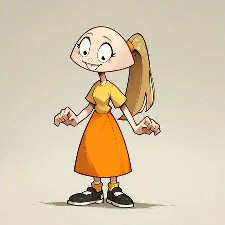 score_9, score_8_up, score_7_up BREAK pegTO, 1girl, bald head, black eyes, yellow hairclip, light brown ponytail, ponytail, buckteeth, bucktooth, no jaw, no lower jaw, half head, jawless, yellow longsleeved shirt, orange skirt, yellow socks, white black shoes,