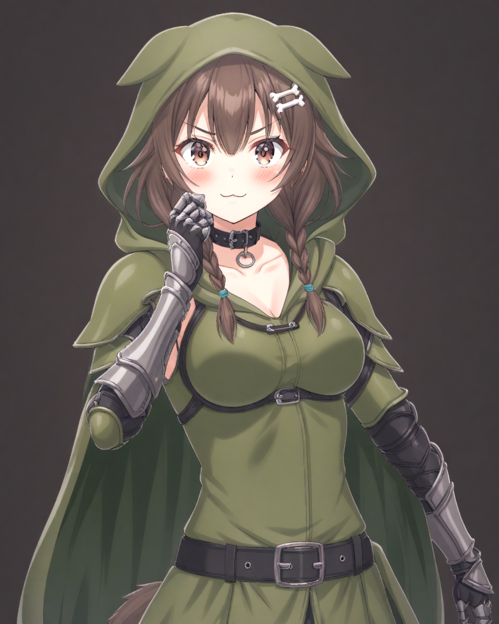 korone, :3, animal collar bangs, blush, bone hair ornament, braid, brown eyes, brown hair, dog girl, dog tail, hair ornament, inugami korone, long hair, looking at viewer, low twin braids, medium breasts, medium hair, solo, twin braids, virtual youtuber,
 <lora:KORONE-XL-t1-000001:0.6>
(green hood, green hooded cloak, green armor, silver gauntlet, wavy cape, black belt, silver belt buckle)
 <lora:DrDoom1024:1>, DrDoom1024, ((wearing a mask))