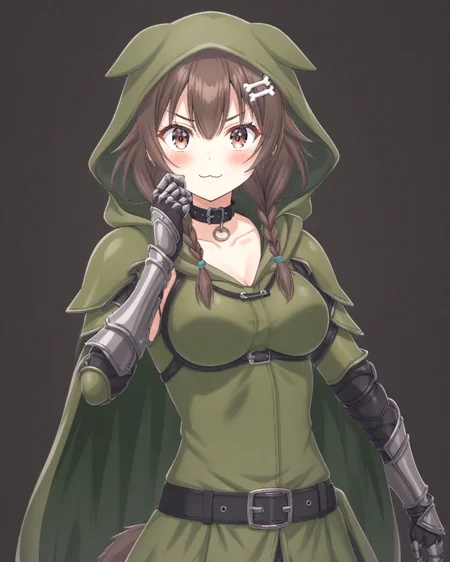 korone, :3, animal collar bangs, blush, bone hair ornament, braid, brown eyes, brown hair, dog girl, dog tail, hair ornament, inugami korone, long hair, looking at viewer, low twin braids, medium breasts, medium hair, solo, twin braids, virtual youtuber,
<lora:KORONE-XL-t1-000001:0.6>
(green hood, green hooded cloak, green armor, silver gauntlet, wavy cape, black belt, silver belt buckle)
<lora:DrDoom1024:1>, DrDoom1024, ((wearing a mask))