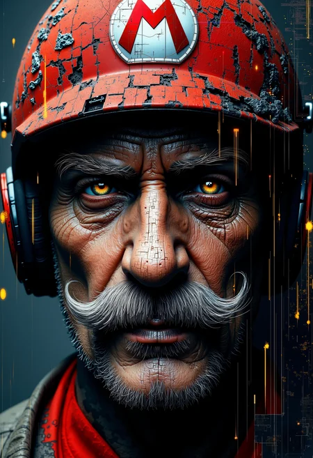 bo-digitalabstract, layered textures, covered by geometric tech lines, geometric patterns that pulse with a holographic effect, metallic textures, ethereal lighting, a highly detailed digital illustration depicting a close-up of an elderly man's face, the man appears to be in his late 60s or early 70s, with wrinkled, aged skin and a prominent, well-groomed mustache, his eyes are large and expressive, with a slightly mischievous glint, and his mouth is slightly open, revealing sharp, pointed teeth, he wears a red helmet with a white mario symbol on the front, and the helmet is adorned with small, dark spots and cracks, giving it a worn and aged appearance, the background is a textured, dark grey, which contrasts starkly with the vivid red of his helmet and mustache, making him the focal point of the image, the texture of his skin and hair is rough and uneven, with visible cracks and wear, adding to the realism of the artwork, the overall style is realistic with a touch of hyperrealism, emphasizing the man's ruggedness and the ruggedness of his face<lora:Flux\boFLUX Digital Abstract.safetensors:1.0:1.0>