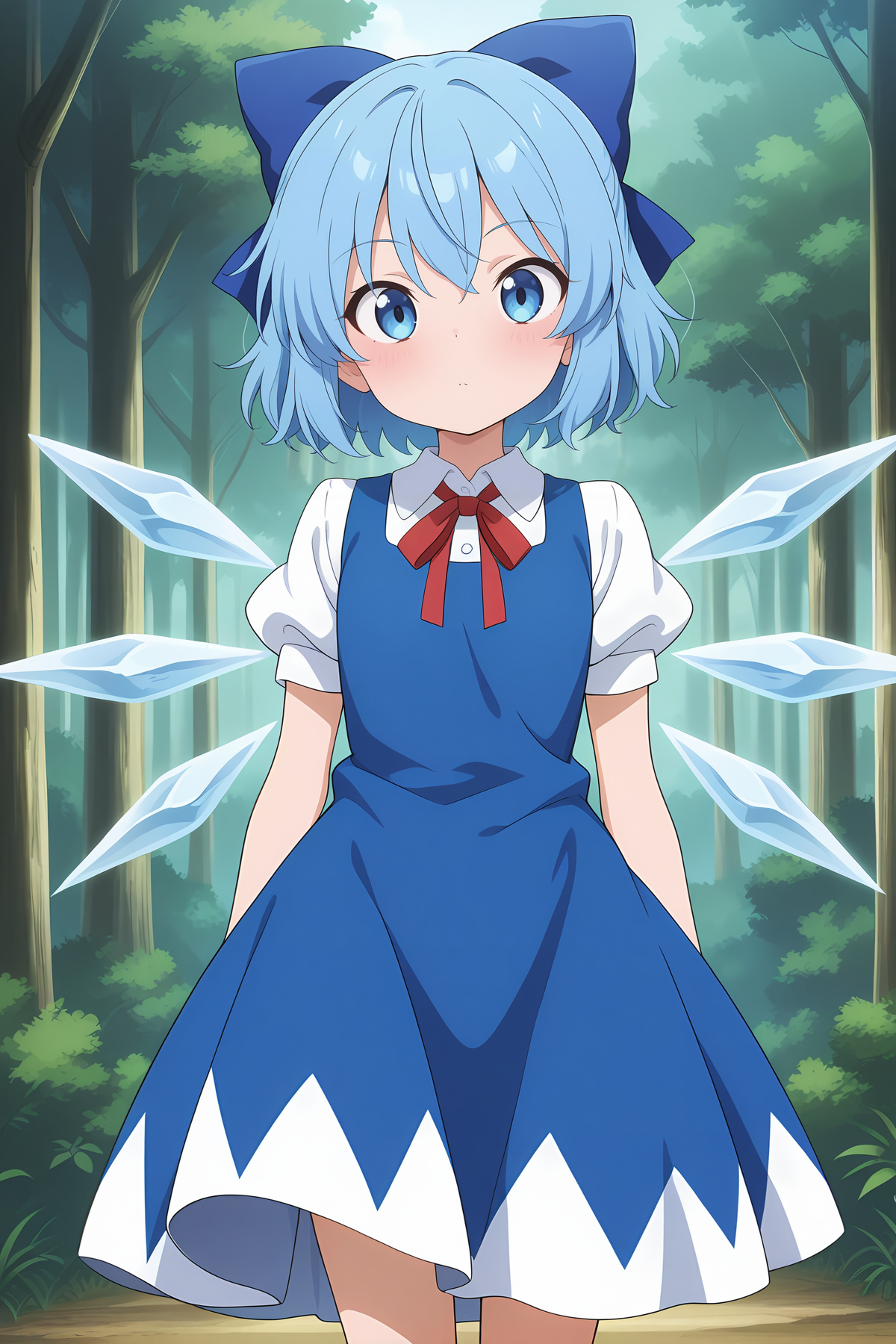 absurdres, highres, masterpiece, best quality, amazing quality, official anime artwork, screencap, anime screencap, outdoors, forest, looking at viewer,  
 <lora:Cirno_Illustrious:1> cirno, 1girl, solo, blue eyes, blue hair, short hair, ice wings, ice,, bow, hair bow, dress, blue dress, short sleeves, blue bow, puffy sleeves, red ribbon,