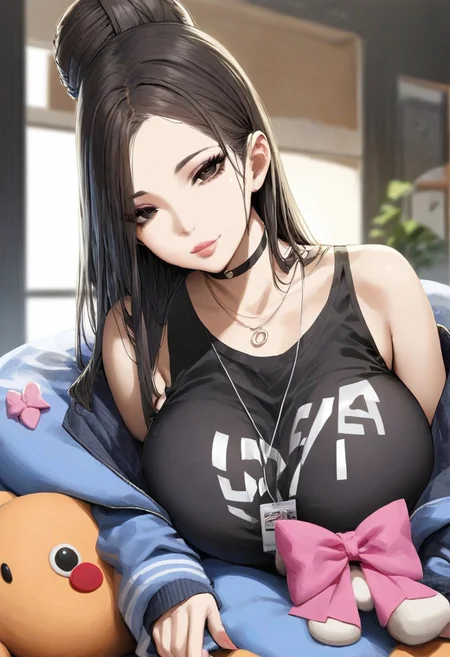 1girl,necklace,stuffed toy,looking at viewer,solo,stuffed animal,brown hair,brown eyes,bangs,upper body,double bun,black hair,hair bun,breasts,lips,closed mouth,makeup,pink bow,
(score_9, score_8_up, score_7_up),skyart