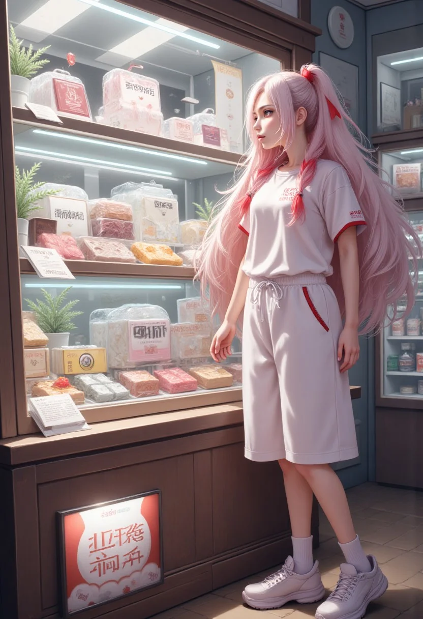 masterpiece, detailifier, shaders, perfect shadows, perfect lightning, perfect shaders, real anime style, detail eyes, magic eyes, de01, high resolution, high definition, 4k, great details, high quality, detailed, high detailed anime style, girl with long white and red hair, white sports shirt and long sports shorts, white socks, old tennis shoes, would be looking at a display case which sells various products, these would have their price (randomly over 1000) and with a small yellow buzz symbol (yellow lightning) replacing the dollar symbol, minimalist shop, minimalist ambient, the display case would be very well decorated and detailed, a sign in the display case that says only buzz are accepted, from the girl would come out a cloud that represents her thought which has an empty wallet and next to it a yellow buzz symbol (yellow lightning), hair simulating movement, detailed hair, detailed image, realistic hair movement simulation, extremely detailed hair, realistic hair, beautiful face, gorgeous face, perfect face, display case with valuable items, has a smile of excitement when seeing something, A illustration in the rimixa style, anatomically perfect body, sign, buzz simbol, buzz image, cloud hair, minimalist style, legible letters, ponytail, fluffy hair, minimalist shop, minimalist ambient, fitness body, beautiful face, electronic shop