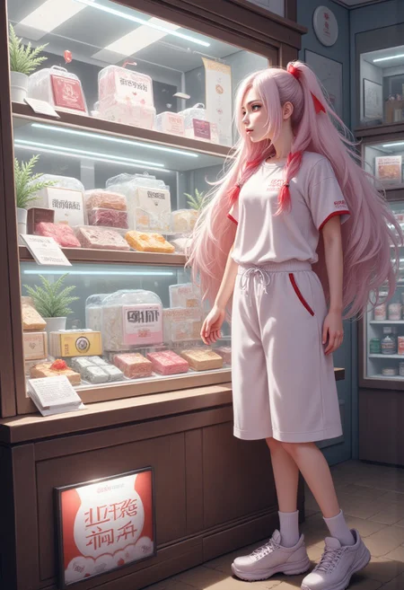 masterpiece, detailifier, shaders, perfect shadows, perfect lightning, perfect shaders, real anime style, detail eyes, magic eyes, de01, high resolution, high definition, 4k, great details, high quality, detailed, high detailed anime style, girl with long white and red hair, white sports shirt and long sports shorts, white socks, old tennis shoes, would be looking at a display case which sells various products, these would have their price (randomly over 1000) and with a small yellow buzz symbol (yellow lightning) replacing the dollar symbol, minimalist shop, minimalist ambient, the display case would be very well decorated and detailed, a sign in the display case that says only buzz are accepted, from the girl would come out a cloud that represents her thought which has an empty wallet and next to it a yellow buzz symbol (yellow lightning), hair simulating movement, detailed hair, detailed image, realistic hair movement simulation, extremely detailed hair, realistic hair, beautiful face, gorgeous face, perfect face, display case with valuable items, has a smile of excitement when seeing something, A illustration in the rimixa style, anatomically perfect body, sign, buzz simbol, buzz image, cloud hair, minimalist style, legible letters, ponytail, fluffy hair, minimalist shop, minimalist ambient, fitness body, beautiful face, electronic shop