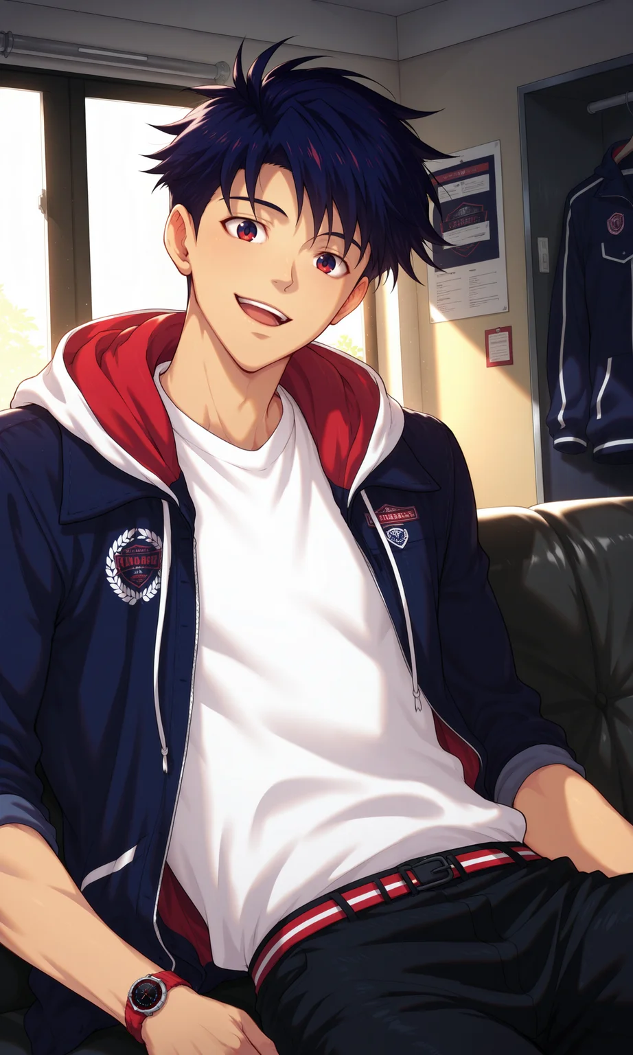 1boy, Anderson, looking at viewer, slim, blue-red eyes, male focus, sitting, on black couch, blue hair, blue jacket, open clothes, hooded jacket, hood down, black jeans, wristwatch, open mouth, smile, white shirt, shaded, dorm room, indoors, (masterpiece:1.35), (very aesthetic, best quality:1.3), detailed shading, detailed skin, realistic shading, highly detailed, masterful composition, cinematic lighting, close-up, <lora:Anderson_XL_V10_ILL:1>