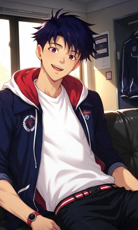 1boy, Anderson, looking at viewer, slim, blue-red eyes, male focus, sitting, on black couch, blue hair, blue jacket, open clothes, hooded jacket, hood down, black jeans, wristwatch, open mouth, smile, white shirt, shaded, dorm room, indoors, (masterpiece:1.35), (very aesthetic, best quality:1.3), detailed shading, detailed skin, realistic shading, highly detailed, masterful composition, cinematic lighting, close-up, <lora:Anderson_XL_V10_ILL:1>