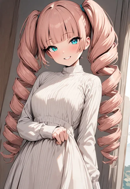 masterpiece, best quality, 1girl, solo, twin drills, twintails, blunt bangs, soft peach hair, aqua eyes, smile, long sleeves, white dress,