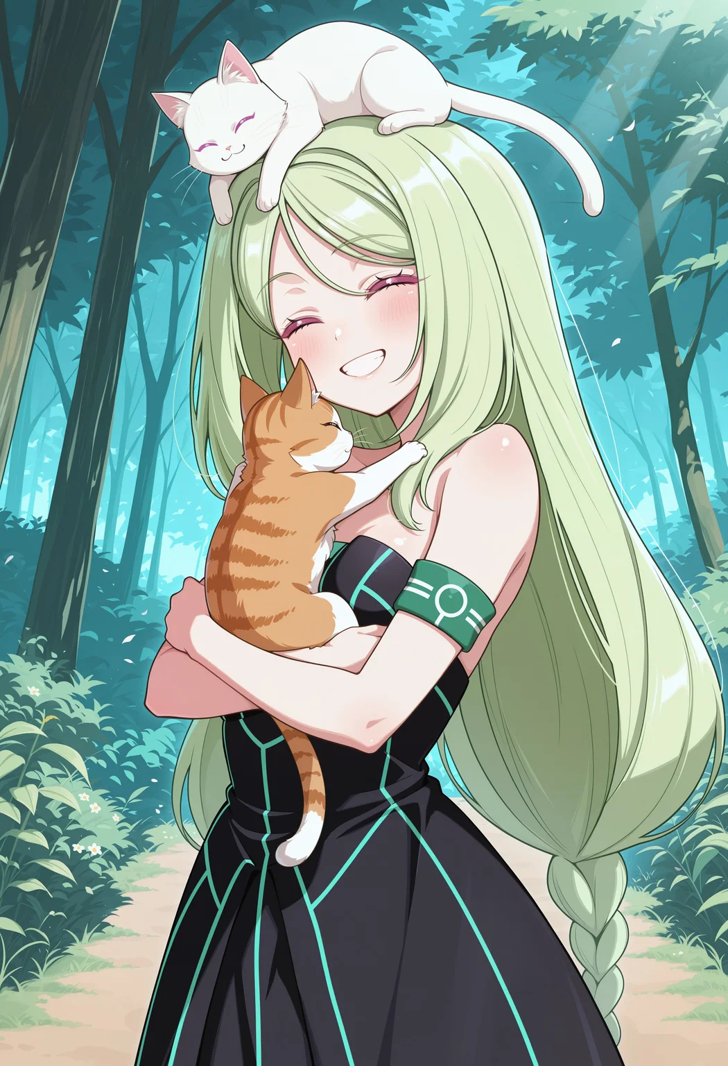 1girl, kajitsumomose, green hair, long hair, masterpiece, best quality, absurdres, cute, kawaii, small breasts,
strapless dress, armband, bare shoulders, black dress,
outdoors, nature,
standing, holding cat, hug, (cheek press:0.5), kitten, cat on head, happy smile, closed eyes, very happy,
intricate, highly detailed, majestic