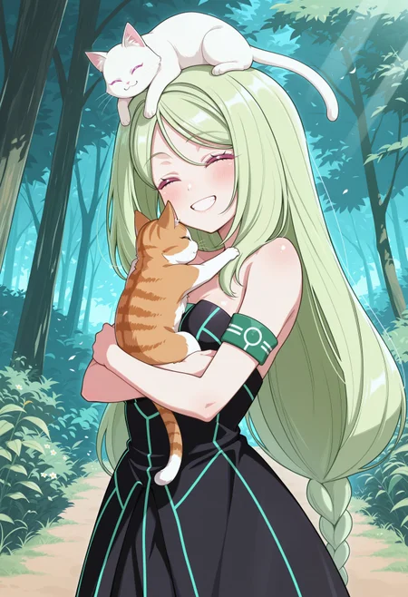 1girl, kajitsumomose, green hair, long hair, masterpiece, best quality, absurdres, cute, kawaii, small breasts,
strapless dress, armband, bare shoulders, black dress,
outdoors, nature,
standing, holding cat, hug, (cheek press:0.5), kitten, cat on head, happy smile, closed eyes, very happy,
intricate, highly detailed, majestic