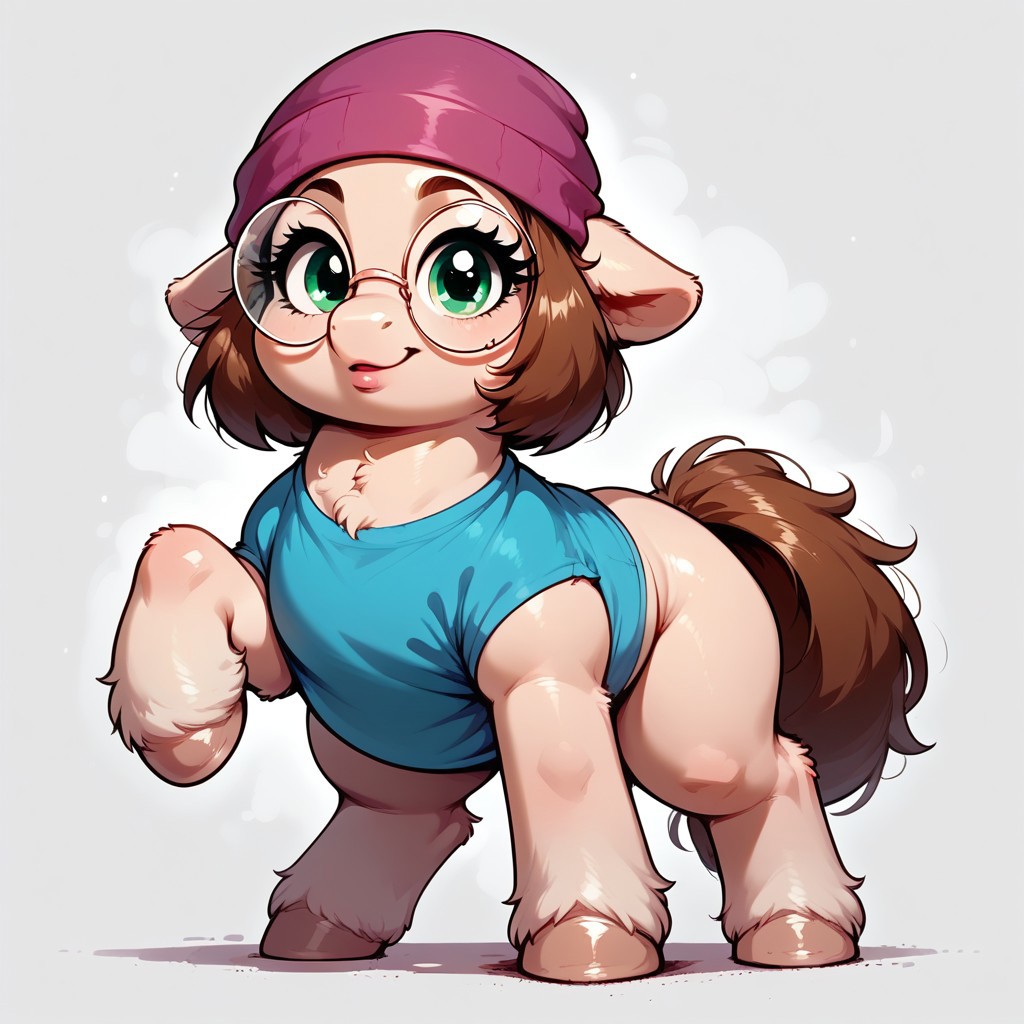 rating_questionable, score_9, score_8_up, score_7_up, ( pony:1.3), feral, Meg, looking at viewer, brown hair, round glasses, chubby, nerdy, clothed, cute pose, dynamic pose, full body, thighs, eyelashes, green eyes, tshirt,  beanie, detailed, realistic, BREAK, zPDXL3, MegaFluffyPony, fluffy, shiny