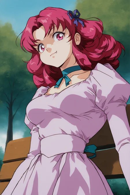 <lora:Ran_(1981):0.8> ran, pink eyes, (pointy ears:0.6), curly hair, pink hair, medium breasts, retro artstyle, 1980s (style), hair ornament, ribbon, long sleeves, juliet sleeves, light purple dress, choker, blue neck ribbon, park, park bench, tree, day, stone walkwaysmirk, yokozuwari, <lora:pec-pov-ponyxl-lora-nochekaiser:1> pec pov, pec pov (meme), meme, looking down, from below, looking at viewer, (1girl:2, solo:2), masterpiece, best quality, very aesthetic, absurdres, amazing quality masterpiece, hyper-detailed, (8k uhd::1.4), intense atmosphere, detailed clothing, dramatic lighting, (perfect hands), detailed face, <lora:oobari_style_illustrious_ver1:1> oobari_style, retro artstyle