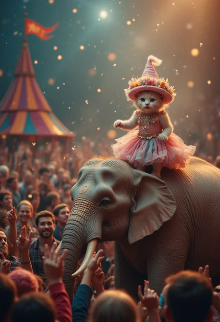 Visualize a fantastical scene with a fairytale essence, where a finely crafted kitten stands on the back of a gentle giant elephant amidst the vibrant ambience of a circus. The kitten is adorned in a fanciful costume of pastel shades, topped with an enchanting hat, exuding an air of magical confidence. The audience, depicted as a joyous sea of color and expression, rises to their feet, caught up in the dreamlike spectacle. The scene is sprinkled with whimsical elements, like tiny sparkles or soft light trails, conveying a sense of wonder and jubilant charm, as if inviting viewers into a whimsical world where anything is possible.