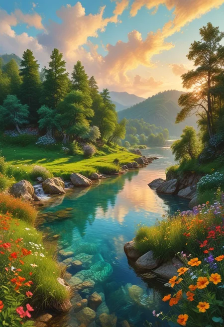 OverallDetail. A serene and breathtaking landscape of a lush meadow, stretching out as far as the eye can see. The carpet of vibrant green grass is speckled with wildflowers in every color of the rainbow, swaying gently in the warm breeze. In the distance, rolling hills rise and fall, adorned with dense forests of towering trees, their canopies intertwined to create a natural ceiling of emerald greenery. A crystal-clear river meanders lazily through the valley, its sparkling waters reflecting the blue sky above. The horizon is dotted with puffy white clouds, casting soft shadows across the landscape. The air is filled with the sweet scent of flowers and the song of birds, creating a harmonious symphony of nature. A warm golden glow bathes the entire scene, painting everything in warm hues, as the setting sun slowly dips below the horizon, signaling the end of another day in this idyllic natural landscape.