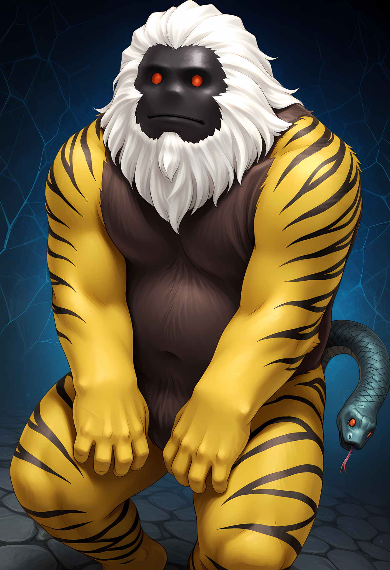 masterpiece, best quality, amazing quality, dutch angle, abstract background, BREAK
1boy, solo, male focus, smt_nue, monster, multicolored body, yellow limbs, brown chest, red eyes, black face, white hair, beard, tiger stripes, snake tail, BREAK
<lora:cfg_scale_boost:.6>   <lora:Nue_-_Shin_Megami_Tensei_-_ILXL:1>