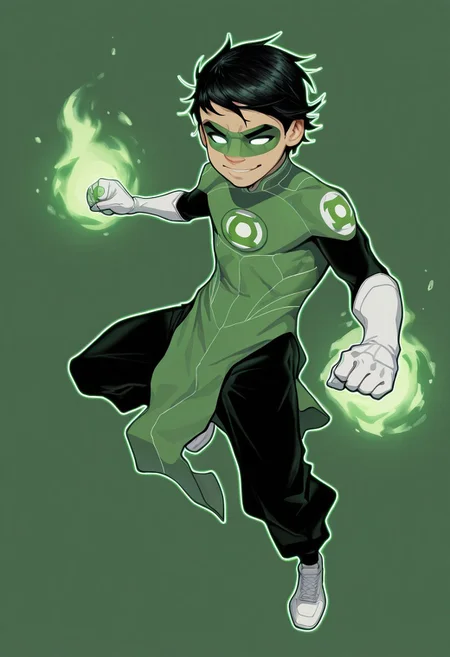 masterpiece, absurdres, high quality, perfect anatomy, 1boy, solo, cute boy, male focus, TaiPham, Black Hair, Green Lantern Ring, Green Lantern Costume, Green and Black Bodysuit, Green Domino Mask, White Eyes, White Gloves, Pelvic Curtain, Black Pants, White Shoes, Glowing Green Outline, Green Energy Aura, floating, levitating, big smile, cinematic, intricately detailed illustration, depth of field, masterpiece, best quality, amazing quality, very aesthetic, absurdres, newest, very awa,  shadow, dynamic angle, casual cosplay, dynamic pose, simple background, green theme, beitemian style