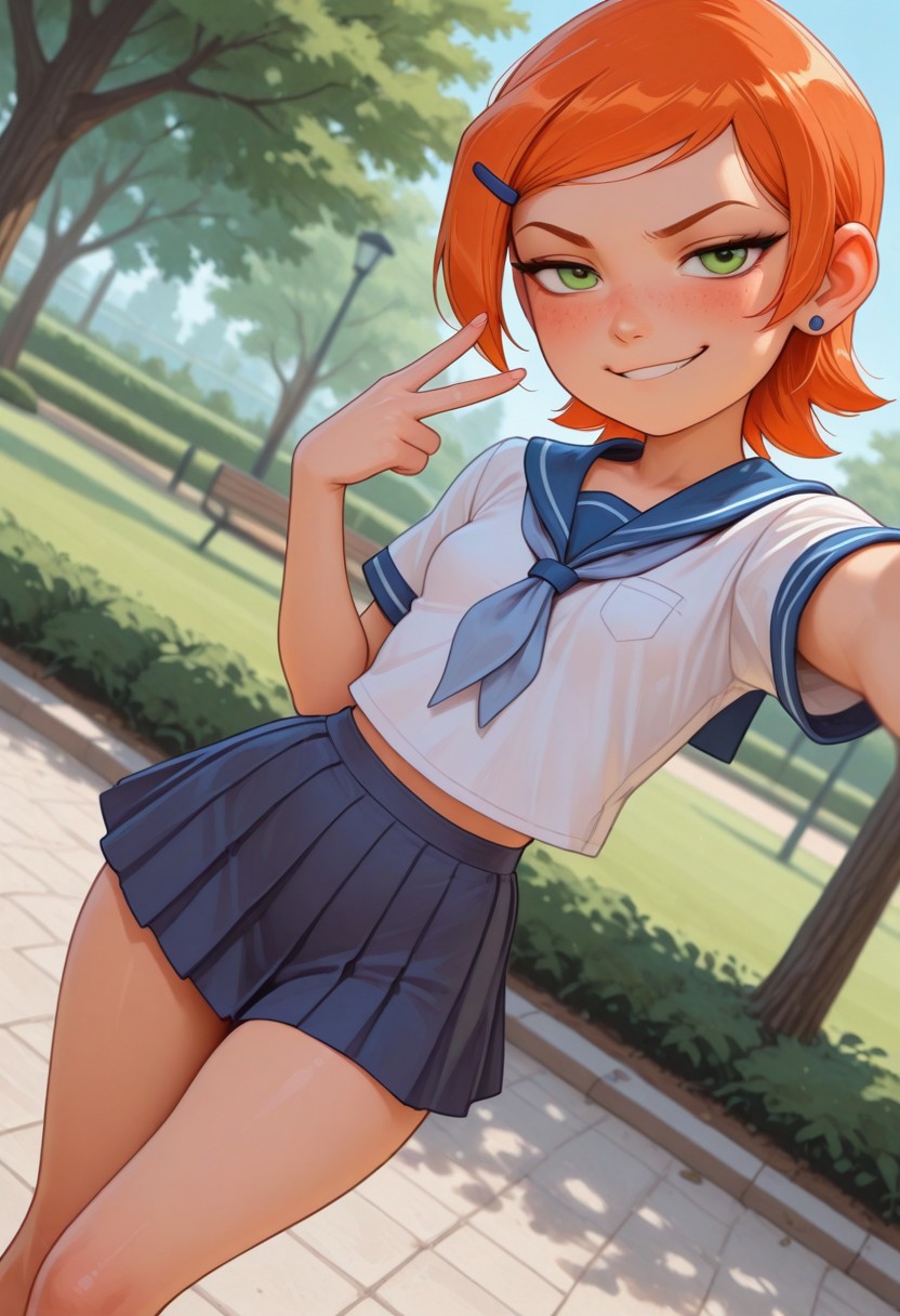 masterpiece, best quality, good quality, very aesthetic, absurdres, newest, 8K, depth of field, focused subject, mythp0rt,
stylized, wabi sabi, 
1girl, Gwendolyn_Tennyson, orange hair, short, hair, freckles, cute,
smug,
petite body, small waist, curvy, thighs, shapely legs,
small breasts,
school uniform,
dynamic angle, selfie,
park,