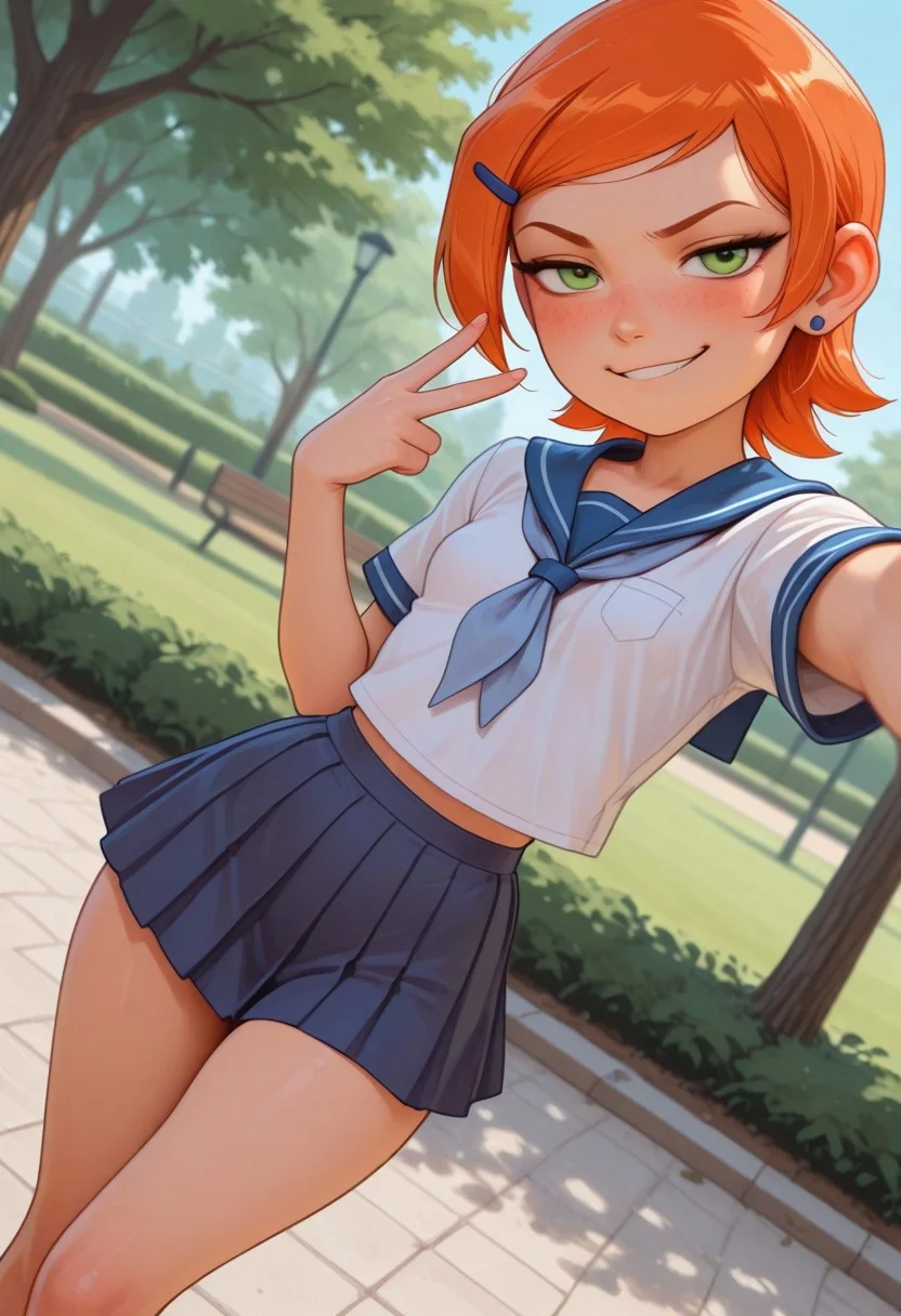 masterpiece, best quality, good quality, very aesthetic, absurdres, newest, 8K, depth of field, focused subject, mythp0rt,
stylized, wabi sabi,
1girl, Gwendolyn_Tennyson, orange hair, short, hair, freckles, cute,
smug,
petite body, small waist, curvy, thighs, shapely legs,
small breasts,
school uniform,
dynamic angle, selfie,
park,