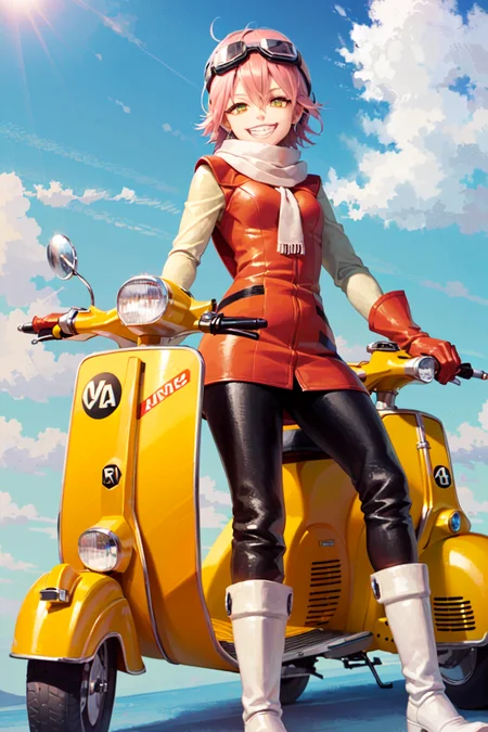 (masterpiece, best quality:1.2), haruko, flcl, 1girl, solo, grin, (blue bass guitar on back:1.1) pink hair, short hair, yellow eyes, red dress, white long sleeves, (yellow gloves:1.1), black pants, white boots, white scarf, (goggles on head:1.1), (ground vehicle, motor vehicle, yellow vespa:1.1) <lora:HARUKO-13:0.7>