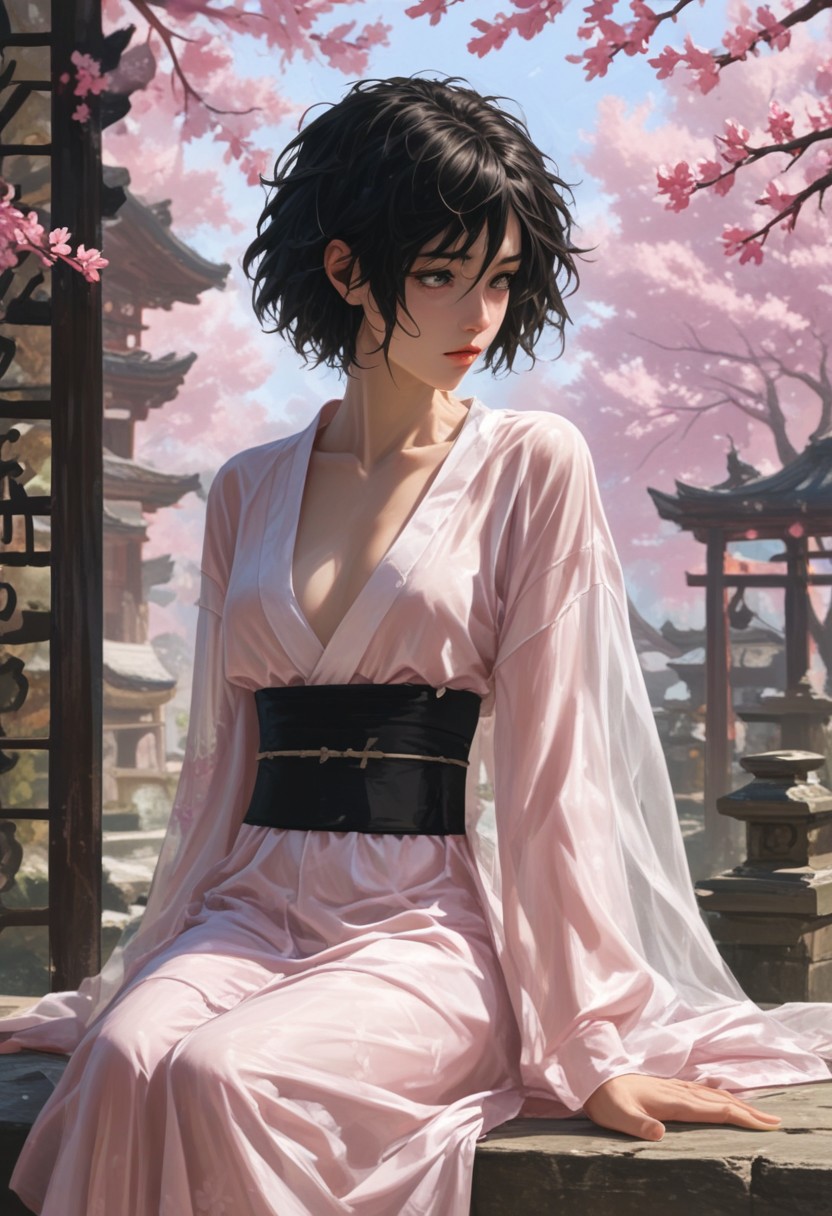 score_9, score_8_up, score_7_up, score_6_up, score_5_up, score_4_up, 
sharp focus,
mature japanese woman, black hair, messy bob cut, 
solo,
sitting, 
transparent kimono, 
detailed background, cherry blossoms, japanese garden,