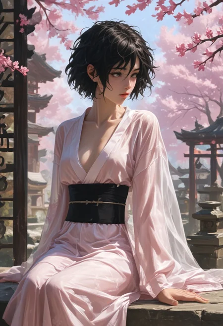score_9, score_8_up, score_7_up, score_6_up, score_5_up, score_4_up,
sharp focus,
mature japanese woman, black hair, messy bob cut,
solo,
sitting,
transparent kimono,
detailed background, cherry blossoms, japanese garden,
