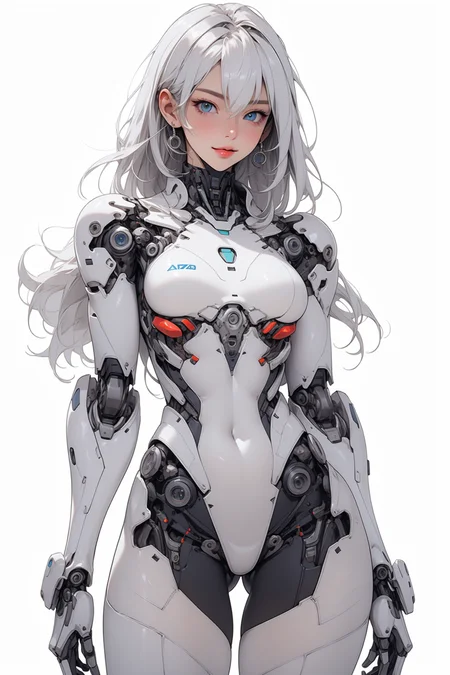 (masterpiece, best quality, 8K:1.3),extremely detailed wallpaper,an extremely delicate and beautiful,Ray tracing,hdr,volumetric lighting,
1girl,solo,blue eyes,long hair,looking at viewer,android,robot joints,smile,breasts,science fiction,mechanical parts,joints,bodysuit,thigh gap,medium breasts,covered navel,cowboy shot,mechanical arms,ass visible through thighs,white hair,closed mouth,bangs,standing,grey hair,hair between eyes,skin tight,cyborg,arms at sides,very long hair,lips,cyberpunk,mechanical legs,cable,(simple white background:1.2),<lora:AstrAnime_RETRO:1>,flat colors,flat texture,<lora:nijiarmor_anime_v2:0.7>,<lora:Mogudan:0.7>,