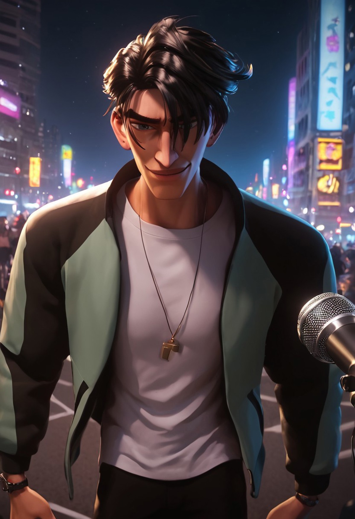 1boy, solo, male focus, toned male, black hair, messy hair, white tshirt, white top, black pants, tired, spiky hair, smile, happy, black costume jacket filled with sponsors, microphone, motor jacket, looking down, city view, city lights, motor vehicle in background, accessories, necklace, watch
standing, dark theme, intense shadow, shadow, intimidating
<lora:mondi_400r:1>, rating PG, score_9,score_8_up,score_7_up, male focus, Muscular, 
view from the bottom, random view, looking at viewer, dark background,