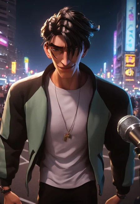 1boy, solo, male focus, toned male, black hair, messy hair, white tshirt, white top, black pants, tired, spiky hair, smile, happy, black costume jacket filled with sponsors, microphone, motor jacket, looking down, city view, city lights, motor vehicle in background, accessories, necklace, watch
standing, dark theme, intense shadow, shadow, intimidating
<lora:mondi_400r:1>, rating PG, score_9,score_8_up,score_7_up, male focus, Muscular,
view from the bottom, random view, looking at viewer, dark background,